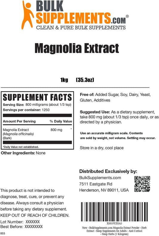 BULKSUPPLEMENTS.COM Magnolia Bark Extract Powder - Magnolia Officinalis, Magnolia Bark Supplement, Magnolia Extract - Gluten Free, 800mg per Serving, 1kg (2.2 lbs) (Pack of 1)