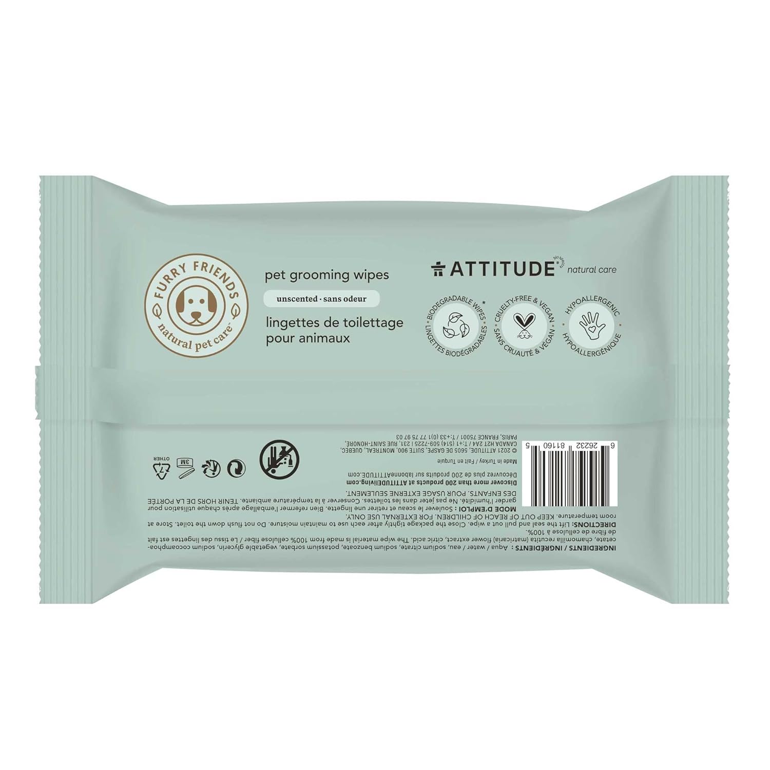 ATTITUDE Pet Grooming Wipes, Hypoallergenic Plant and Mineral-Based Ingredients, Vegan and Cruelty-Free Biodegradable Products, Unscented, 72 count (Pack of 6) : Pet Supplies
