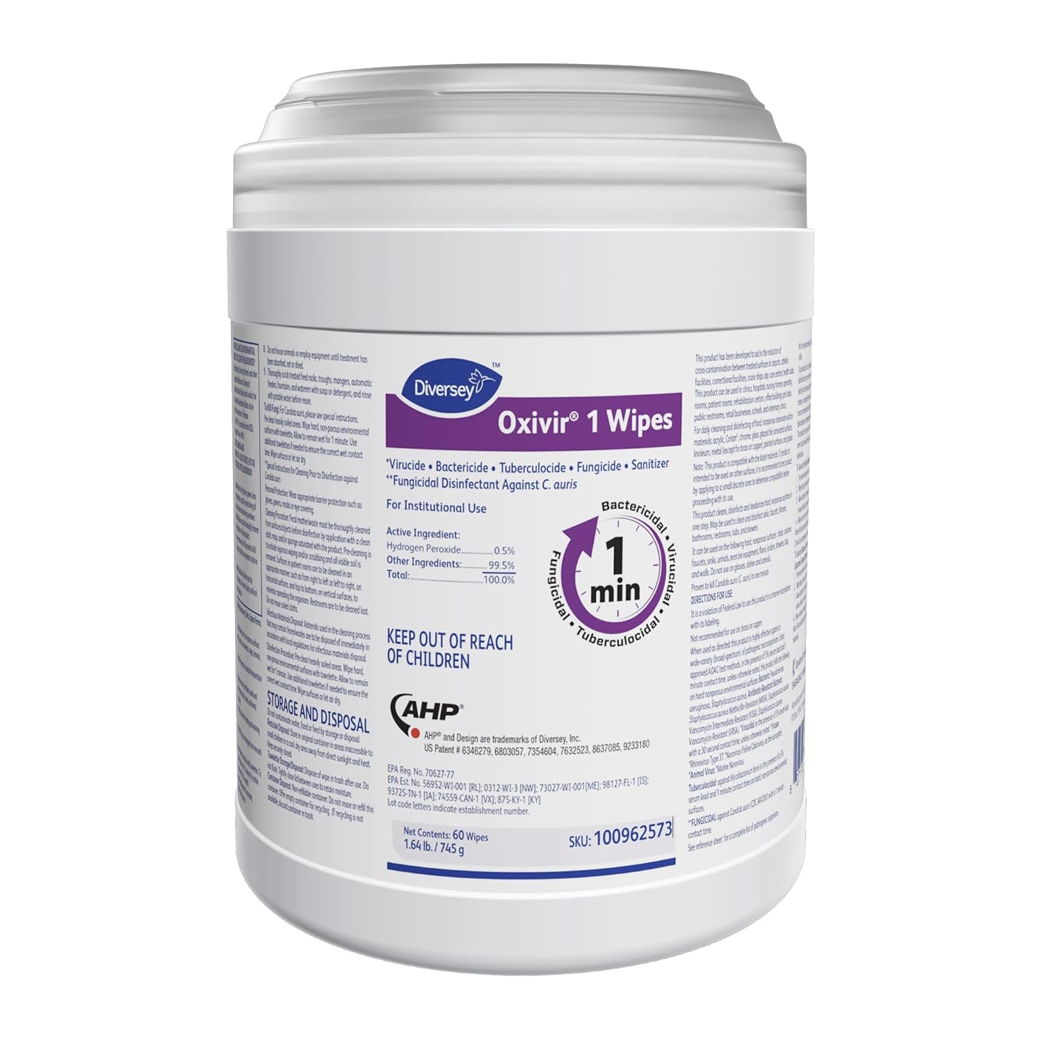 Diversey Oxivir 1 100962573 Disinfectant Wipes, Virucidal, Bactericidal, Tuberculocidal, Fungicide With Accelerated Hydrogen Peroxide, Unscented, 60 Large 10"X10" Wipes, 1-Canister