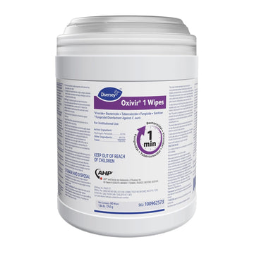 Diversey Oxivir 1 100962573 Disinfectant Wipes, Virucidal, Bactericidal, Tuberculocidal, Fungicide With Accelerated Hydrogen Peroxide, Unscented, 60 Large 10"X10" Wipes, 1-Canister
