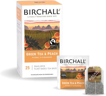 Birchall Tea | Green Tea & Peach | Green Tea Infusion | 1 Pack Of 25 Enveloped Plant-Based Tea Bags