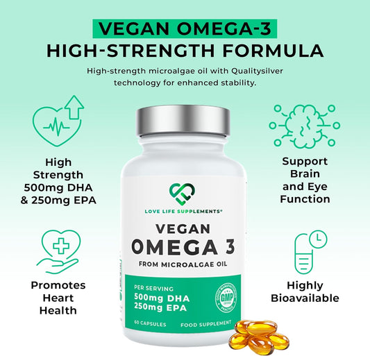 Vegan Omega-3 500Mg Dha & 250Mg Epa – 60 Algae Oil Softgels (Carrageenan Free) – High Strength Plant-Based Omega 3 – Polaris Omegavie® With Qualitysilver® – Heart, Brain & Eye Support – Sustainable
