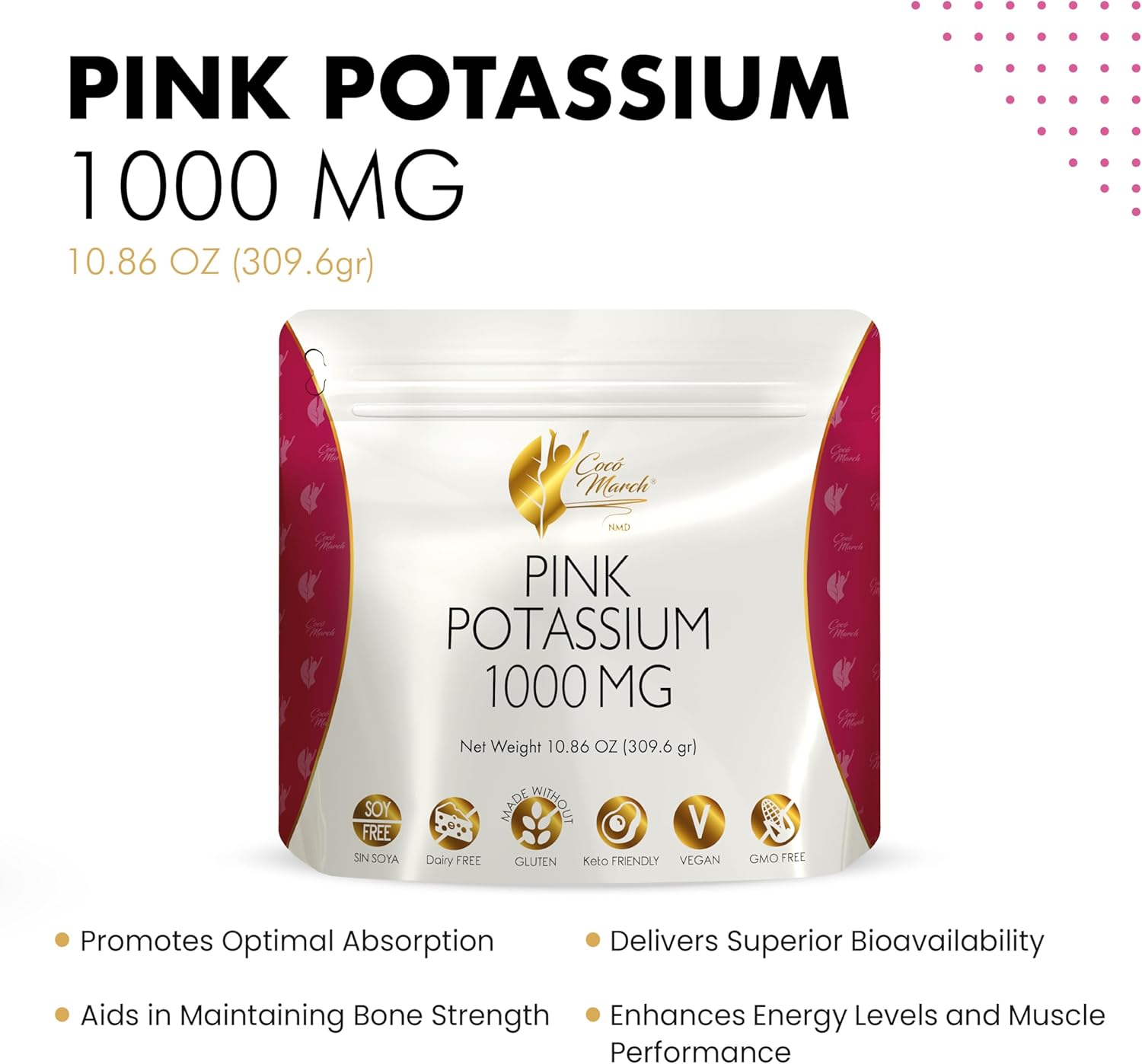 Pink Potassium Powder By Cocó March – Supports Heart Health, Muscle Function, And Bone Health. Gluten Free, Dairy Free, Non-Gmo, Soy Free, Vegan, Keto Friendly – 10.86 Oz (309.6 G)