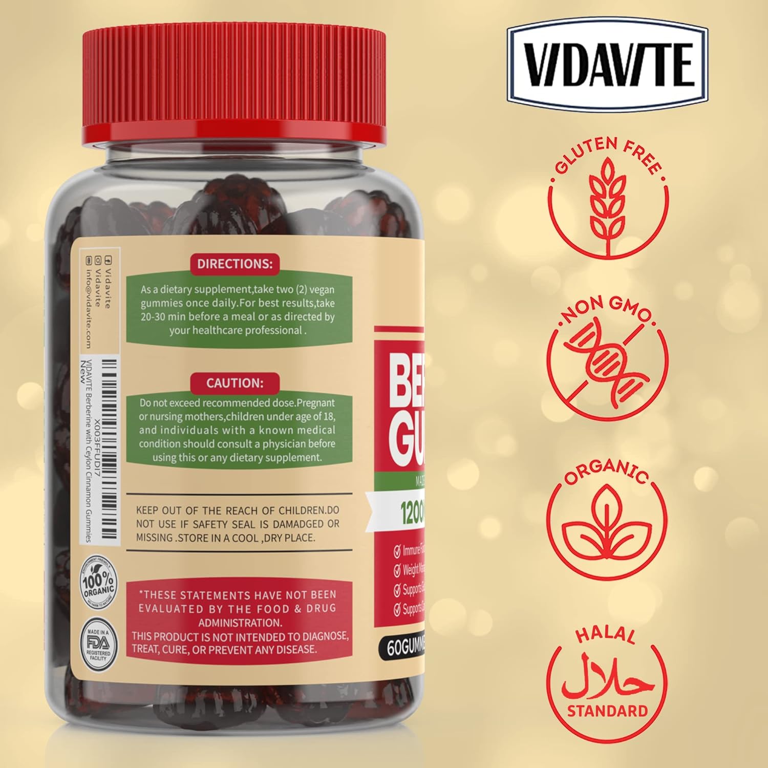 VIDAVITE Berberine with Ceylon Cinnamon Gummies — Sugar-Free Berberine Plus 1200 mg Supports Immune Function — 98% Purity & 10x Bioavailability for Cardiovascular & Gastrointestinal Care (60 Gummies) : Health & Household