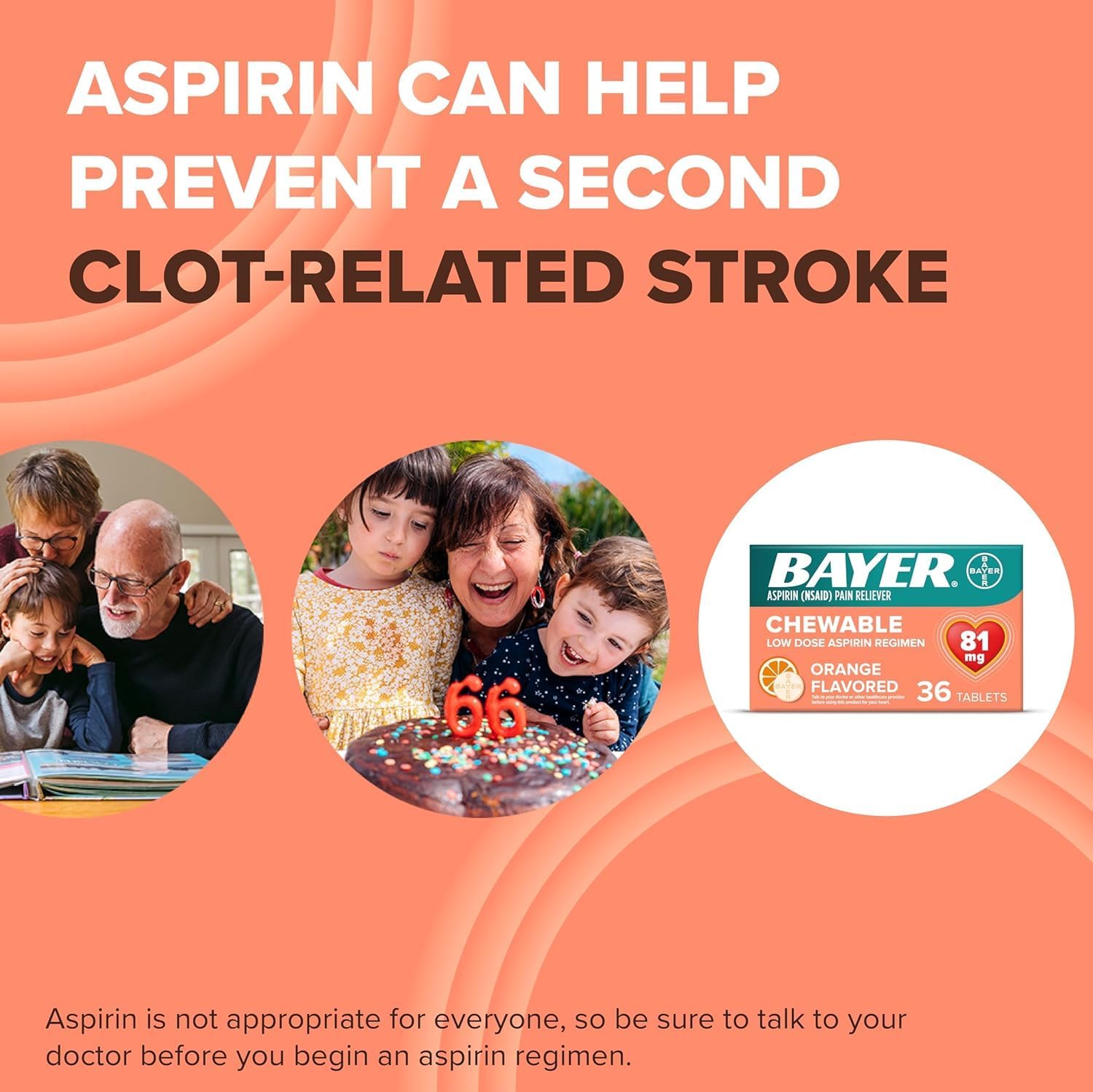 Bayer Aspirin Low Dose 81 mg Chewable Tablets, Pain Reliever, Orange Flavored, 216 Tablets (6 Pack) : Everything Else