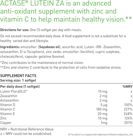 Actase Za - Scientifically Formulated Lutein And Zeaxanthin Eye Care Supplement With Added Vitamins To Maintain Healthy Vision - 30 Softgels