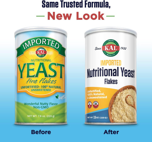 Kal Imported Nutritional Yeast Flakes, Unfortified & Unsweetened Fine Flakes, 100% Natural Source Of Amino Acids & B Vitamins, Great Nutty Flavor, Non-Gmo & Vegan, Approximately 22 Servings, 7.8Oz