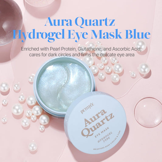 Petitfee Aura Quartz Hydrogel Eye Mask Blue 60 Pcs (30 Pairs) - Eye Patch For Dark Circles, Brightens Under Eyes, Glutathione, Ascorbic Acid, Puffy Eye Bags, Cooling, Firms Eye Area, Intense Hydration