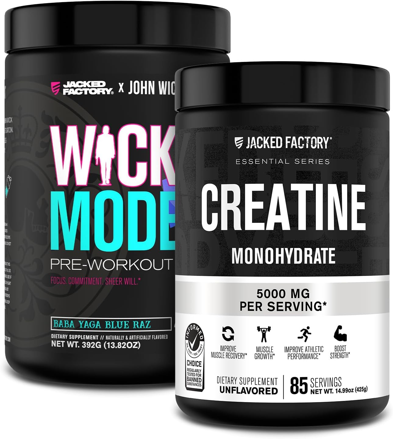 Jacked Factory X John Wick - Wick Mode Pre Workout Powder (Baba Yaga Blue Raz, 40 Servings) & Creatine Monohydrate Powder (Unflavored, 85 Servings)