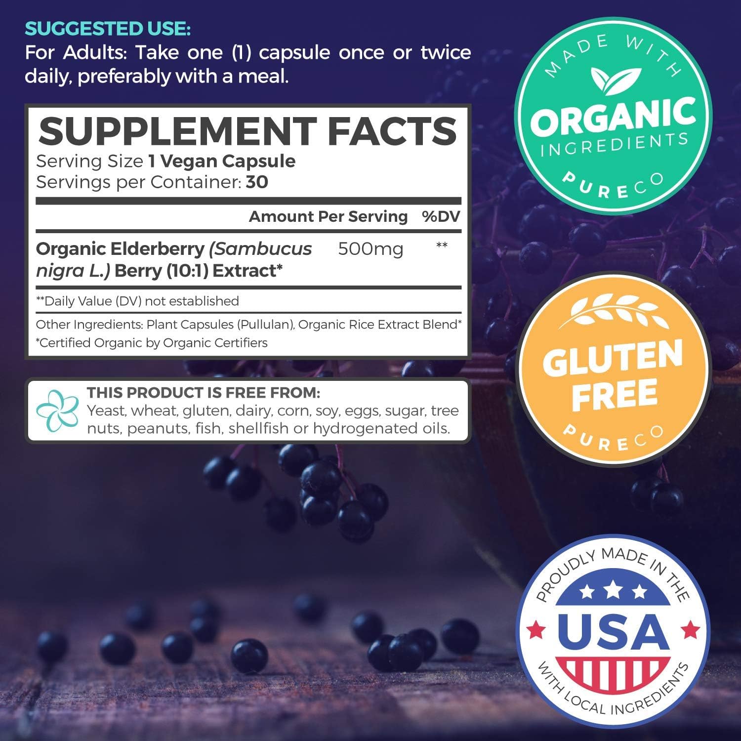 Organic Elderberry Capsules - 10:1 Extract Equals 5,000mg of Fresh Elderberries (Vegan) for Immune Support, Allergy, Sinus Relief - Sambucus Nigra - Black Elderberry - 30 Caps (No Pills or Gummies) : Health & Household