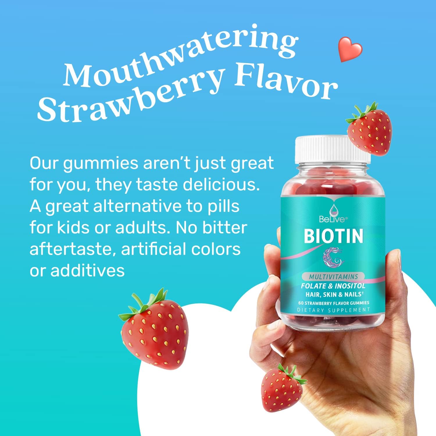 Belive Biotin Gummies With Multivitamins, Folate, Inositol – Supports Hair Growth, Healthy Skin & Nails – Vegan, Pectin Based – Strawberry Flavor (1) : Health & Household