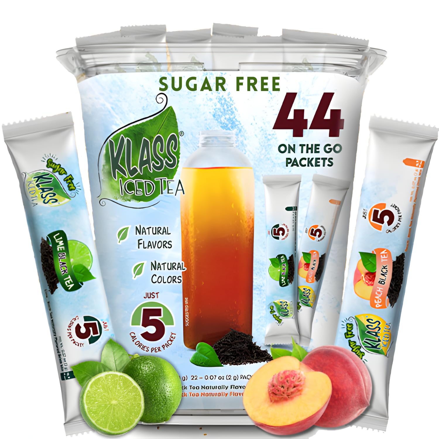 Iced Tea Drink Mix - Klass Sugar Free Variety Pack - Peach & Lime Black Tea On-The-Go! (44 Count Powder Stick Packs) 5 Calories Per Packet