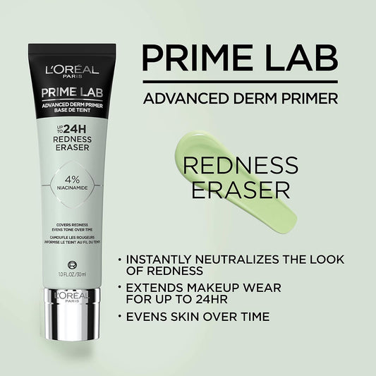 L'Oreal Paris Prime Lab Up To 24H Redness Eraser Face Primer Infused With Niacinamide To Reduce Face Redness And Extend Makeup Wear, 1.01 Fl Oz