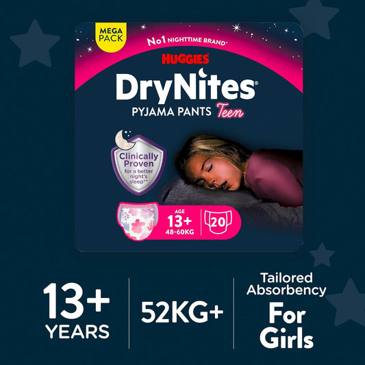 Huggies Drynites, Girls’ Teen Pyjama Pants - Sizes 8-13 Years (27 Pants) - Discrete Night Time Nappies With Exciting Designs - Maximum Protection For Teen Bed Wetting