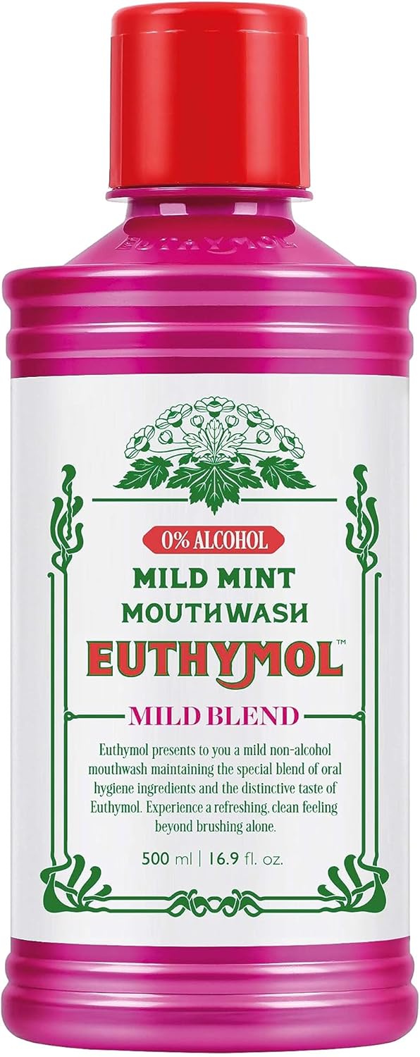 Euthymol Mouthwash Mild Mint 500Ml, Contains Flouride, Alcohol-Free, Distinctive Strong Taste Flavour, Reduce Plaque Gingival Clean Healty Teeth Gums, Freshens Breath Refreshing Daily Oral Dental Care