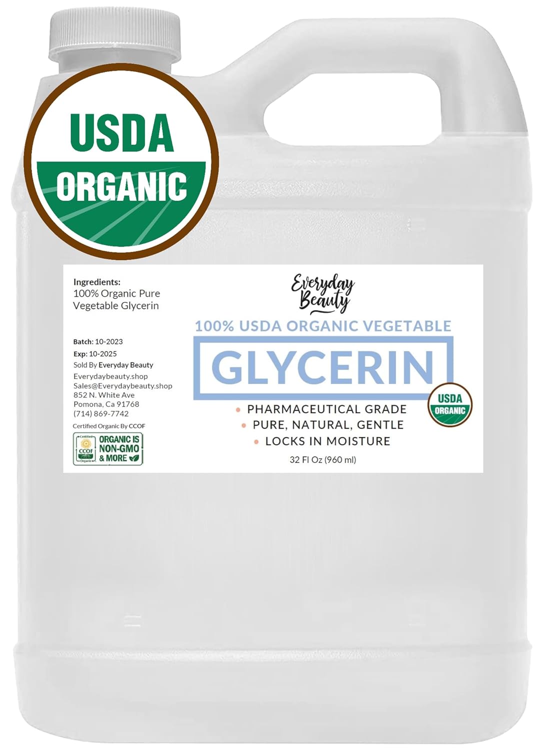 100% Organic Glycerin – Usda Certified - Perfect For Diy Beauty Products, Crafts, And Formulations – Derived From Coconut – Skin And Hair Moisturizer For Deep Hydration – 32 Fl Oz – By Everyday Beauty