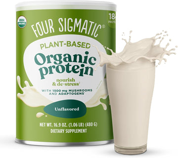 Four Sigmatic Organic Plant-Based Protein Powder Unflavored Protein With Lion’S Mane, Chaga, Cordyceps And More | Clean Vegan Protein Elevated For Brain Function And Immune Support | 16.9 Oz