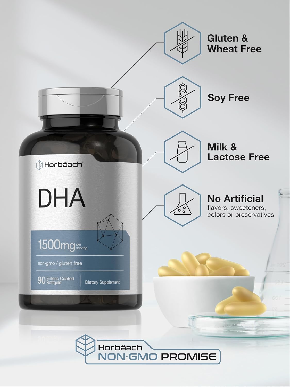 Horbaach DHA Supplement 1500mg | 90 Softgels | EPA, Omega 3, DHA | Non-GMO, Gluten Free : Health & Household