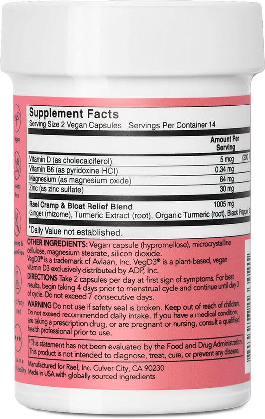 Rael PMS Supplement - Hormone Balance for Women, PMS Relief, Menstrual Cramps, Period Bloating, Mood Swings Treatment with Turmeric, Ginger, Magnesium, No NSAIDs, Vegan (28 Capsules)