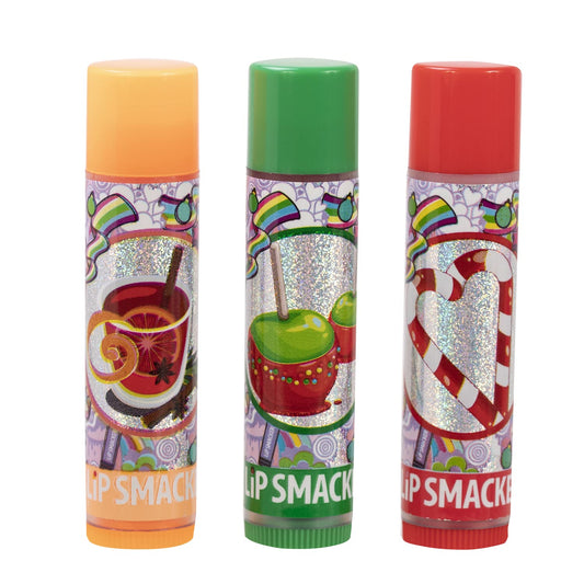 Lip Smacker Original & Best Christmas Flavored Lip Balm Candy Cane Trio- Teal Candy Cane, Candy Apple, Holiday Punch