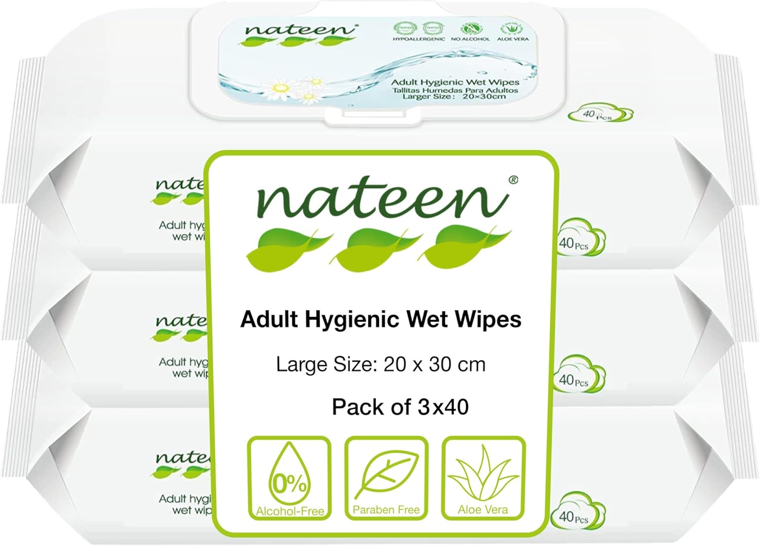 Tendercare Nateen - Wet Wipes - 3 Pack of 40 Wipes - Adult Hygienic Wet Wipes - Thick Soft Wipes - Purified Water & Aloe Vera - Hypoallergenic & Alcohol Free - Non-Flushable