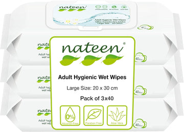 Tendercare Nateen - Wet Wipes - 3 Pack of 40 Wipes - Adult Hygienic Wet Wipes - Thick Soft Wipes - Purified Water & Aloe Vera - Hypoallergenic & Alcohol Free - Non-Flushable