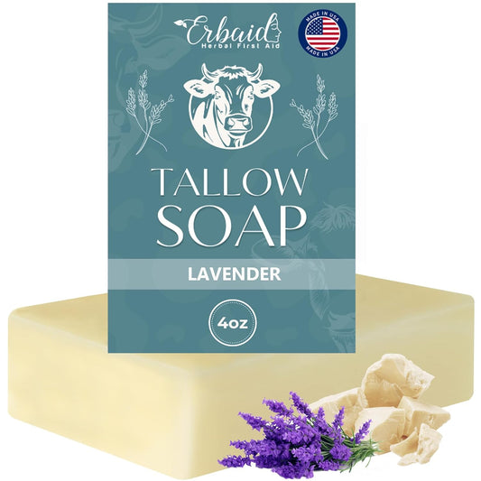 Beef Tallow Soap Bar – All Natural Grass Fed Tallow Soap Lavender – Moisturizing Face & Body Wash Great For Eczema, Dry, Itchy, Sensitive Skin – Handcrafted Bath Soap For Adults, Kids, Made In Usa