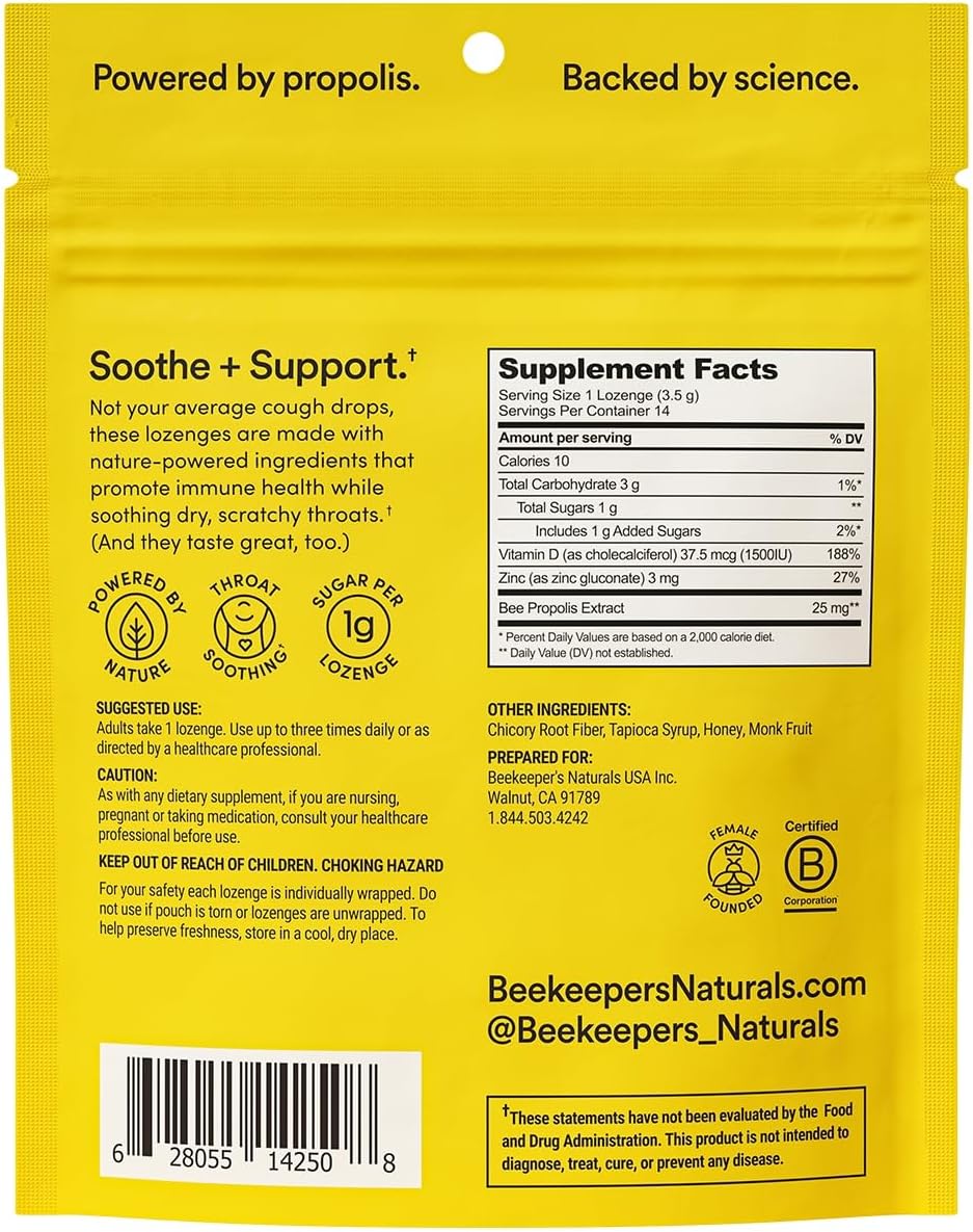 Soothing Honey Cough Drops - Immune Support with Vitamin D, Zinc and Propolis - by Beekeeper's Naturals - Throat Soothing Lozenges, 14 Ct : Health & Household