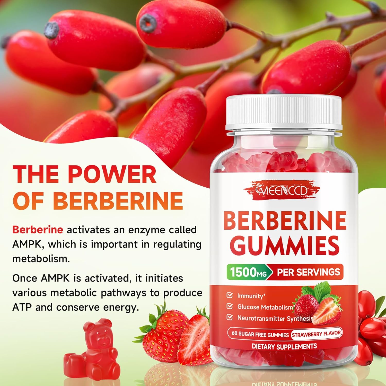 Meenccd Berberine Gummies With Ceylon Cinnamon 1500Mg High Potency Berberine Hcl Supplement For Immune Support, Organic Berberine Gummies, Sugar Free, Vegan, Strawberry Flavor, 60 Count : Health & Household