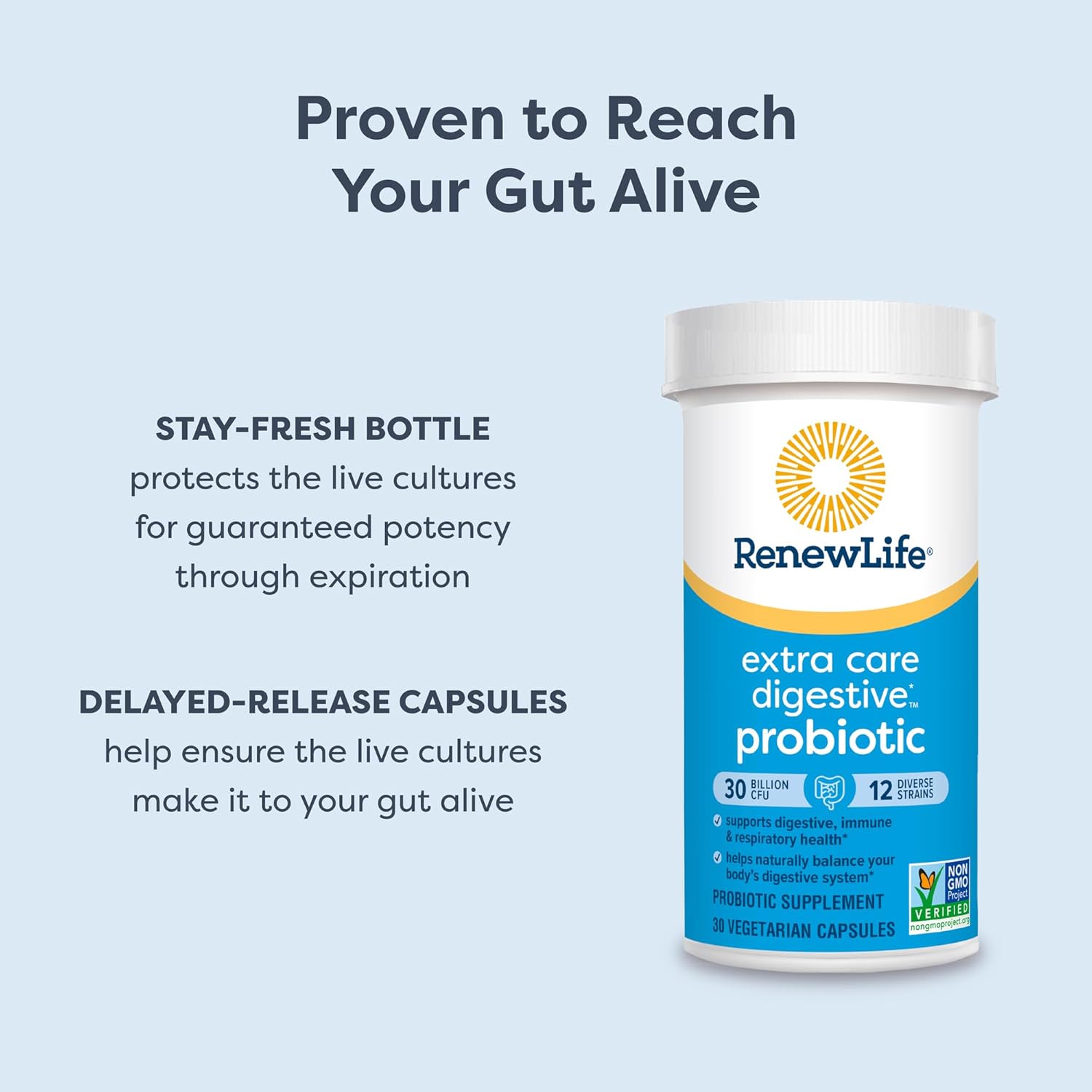 Renew Life Extra Care Probiotic Capsules, Daily Supplement Supports Immune, Digestive and Respiratory Health, L. Rhamnosus GG, Dairy, Soy and gluten-free, 30 Billion CFU, 60 Count : Health & Household