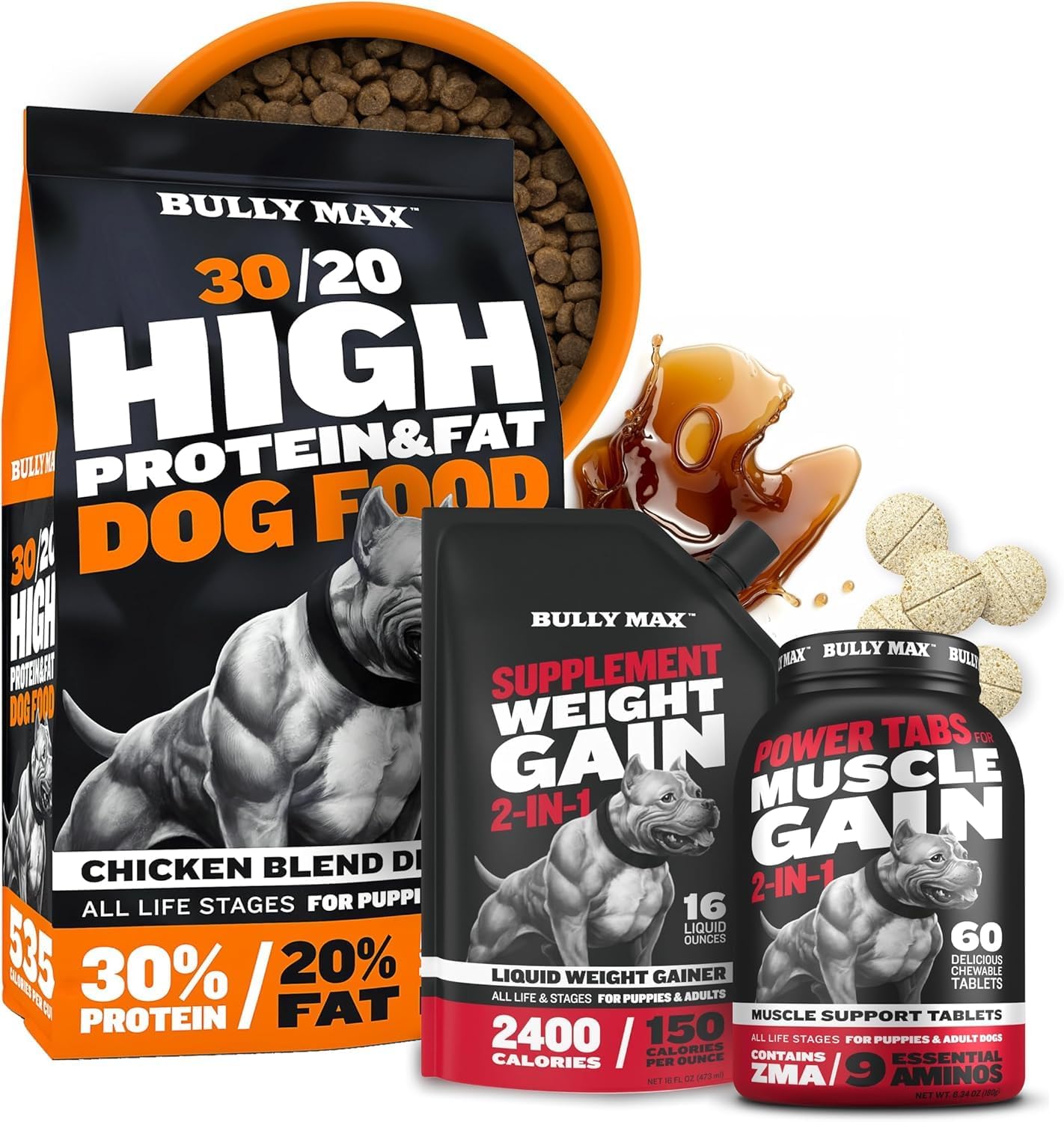 Bully Max High Performance Dry Dog Food Bundle - Premium 15 Lb Bag With 2-In-1 Muscle Builder 60 Chewable Tablets & Weight Gainer Liquid 16 Oz Bag - Ultimate Nutrition For All Breeds And Ages