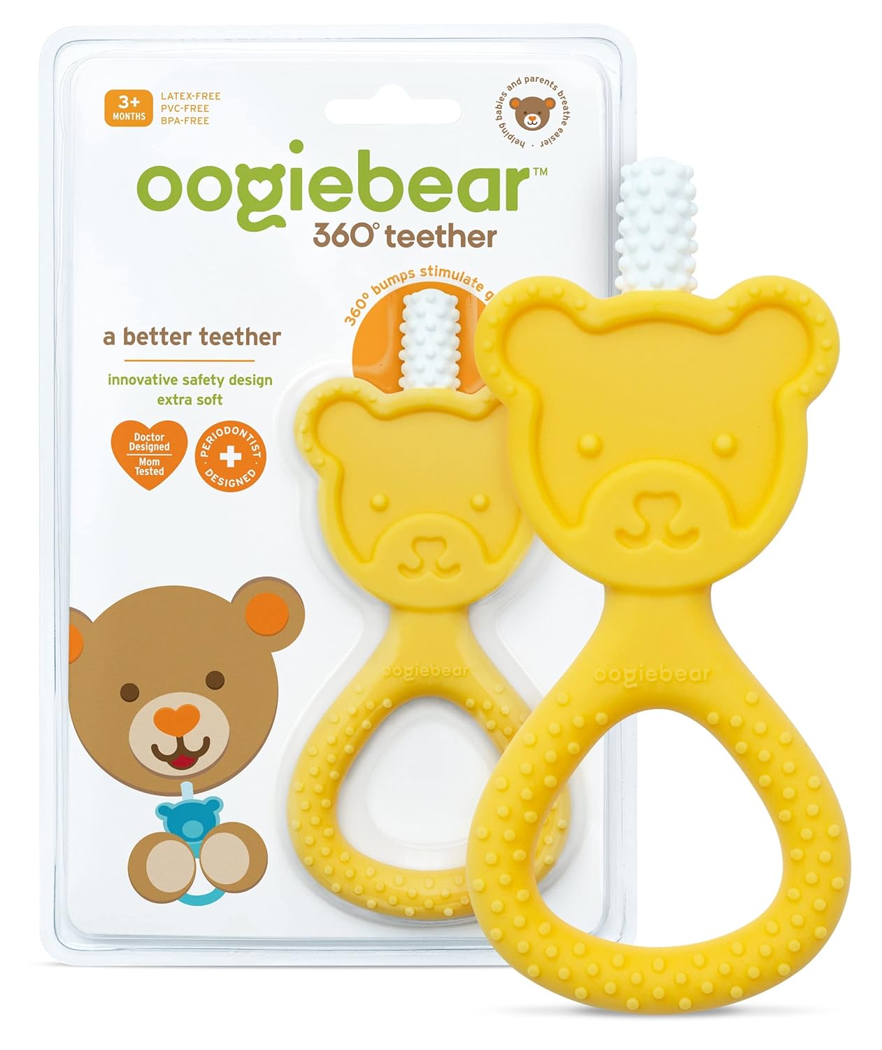 oogiebear 360? Teether - Safe Teething Toys for Babies 3 Months and Older | Soft Bristle Teddy Bear Silicone Teether | Super Soft BPA-Free Silicone Teether Toy - Yellow