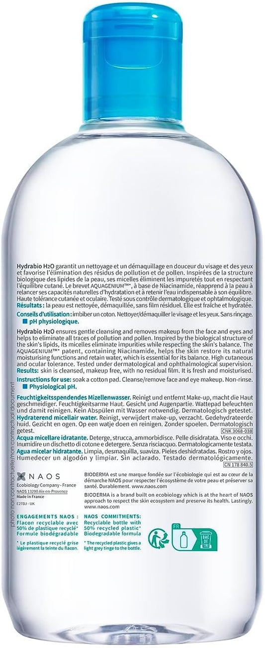 Bioderma Hydrabio H2O - Cleansing & Moisturising Micellar Water For Dehydrated Skin, Gentle Cleanser To Remove Impurities & Make Up Remover For Face & Eyes, 500Ml