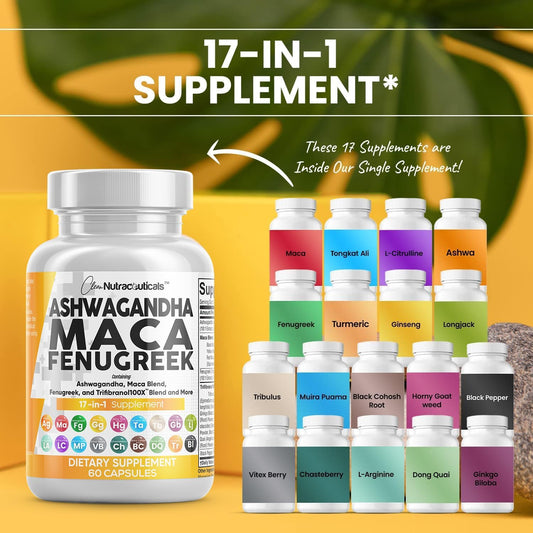 Ashwagandha 5000Mg Maca Root 2000Mg Fenugreek 3000Mg Supplement With Tongkat Ali Ginseng - Assists With Stress, Mood & Thyroid Health - Ashwagandha Capsules Maca Pills Fenugreek Caps - 60 Count