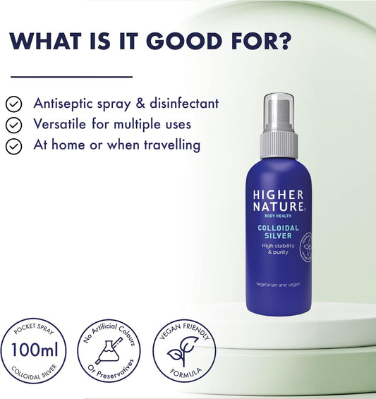 Higher Nature - Colloidal Silver - Purified Water With Premium Grade Silver - Antiseptic Spray, Disinfectant Spray, Colloidal Silver Spray - 100Ml
