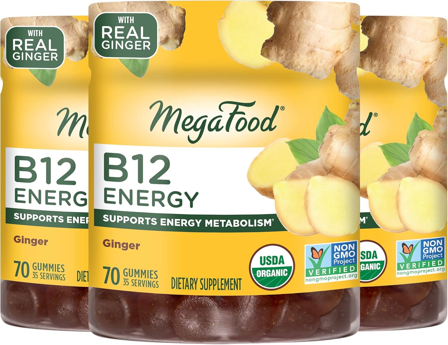 MegaFood B12 Energy Gummies -Vitamin B12 - Supports Energy Metabolism - B12 Gummies for Adults - Methylcobalamin B12 - Non-GMO, Vegan, Certified Organic - Real Ginger - 70 Gummies (35 Servings) 3 Pk