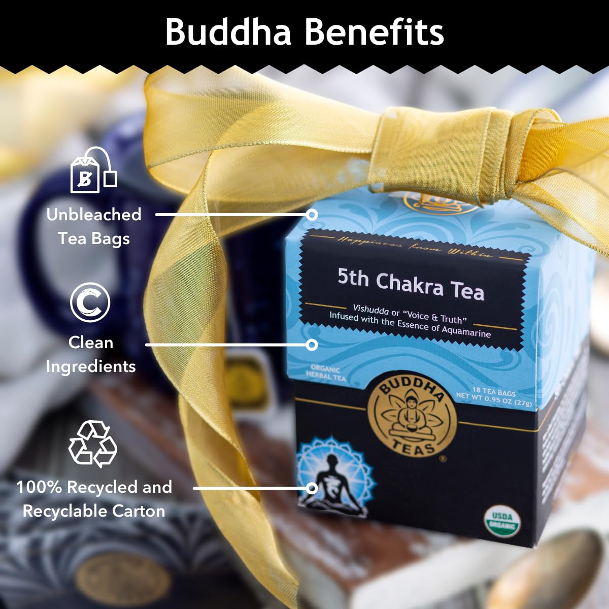 Buddha Teas - 5Th Chakra Tea - Organic Herbal Tea - For Communication, Creativity & Self-Expression - With Licorice, Cinnamon & Aquamarine Essence - Ou Kosher - 18 Tea Bags (Pack Of 1)