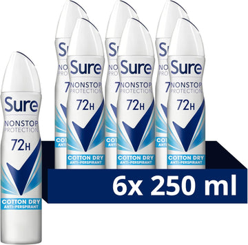 Sure Nonstop Protection Cotton Dry Anti-Perspirant Aerosol Women'S Deodorant Spray With Body Heat Activated Tech. And A Fresh Cotton Sheets Fragrance For 72 Hour Odour And Sweat Protection 6X 250 Ml