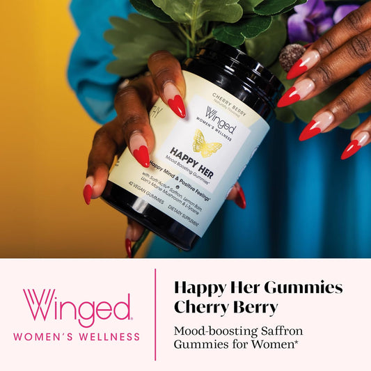 Winged Wellness Happy Her Mood Gummies - Daily Mood Enhancer Support Supplement For Women - Saffron, Lemon Balm, Vitamin D & Lions Mane Mushrooms For Balance & Calming Relief - 50 Vegan Gummies