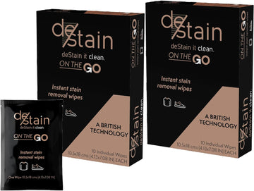 deStain Wipes | On The Go | Instant Clothes Stain Removal | Innovative Technology | Environmentally Friendly | 2 x 10 Wipes