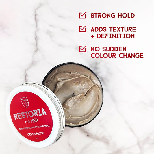 Restoria Grey Reducing Styling Wax For Men - Hair Wax That Gives Superior Definition & Hold While Fading Grey Hair, Up To 100% Coverage - Vegan, 125Ml