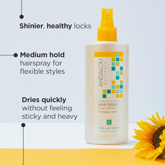 Andalou Naturals Brilliant Shine Hair Spray, Sunflower & Citrus, Styling and Hair Shine Spray with Medium hold, Tames Frizzy Hair & Flyaways, Quick Drying & Non-Sticky, Cruelty Free, 8.2 Fl Oz