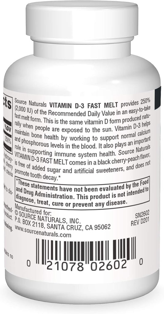 Source Naturals Vitamin D-3 2000 Iu Supports Bone & Immune Health - Black Cherry Peach Flavor - 60 Fast Melt Tablets