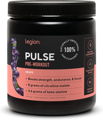 LEGION Pulse Pre Workout Supplement - All Natural Nitric Oxide Preworkout Drink to Boost Energy, Creatine Free, Naturally Sweetened, Beta Alanine, Citrulline, Alpha GPC (Grape)