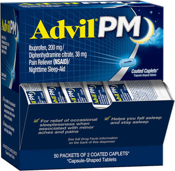 Advil PM Pain Reliever and Nighttime Sleep Aid, Pain Medicine with Ibuprofen for Pain Relief and Diphenhydramine Citrate for a Sleep Aid - 50x2 Coated Caplets