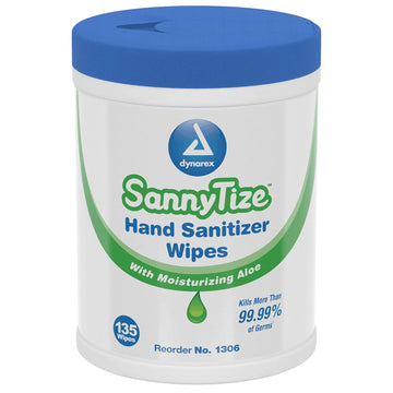 Dynarex Sannytize Hand Sanitizer Wipes, Convenient Canister Of Moisturizing Hand Wipes Infused With Aloe Vera & Eliminates 99% Of Common Germs, 12 Canisters Of 135 Sannytize Hand Sanitizer Wipes