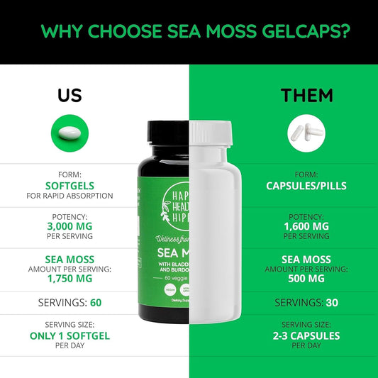 Happy Healthy Hippie Sea Moss Capsules 3,000 Mg (1 Daily, 2 Mo Supply) - Irish Sea Moss Gel Capsules For Immunity & Energy Boost | Digestive Support, 60 Count