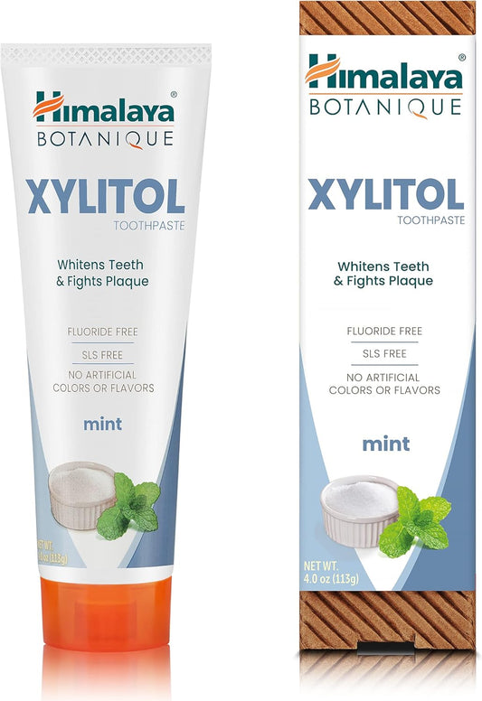 Himalaya Botanique Whitening Antiplaque Toothpaste With Xylitol, Fluoride Free, For Plaque Reduction & Gentle Whitening, 4 Oz, 2 Pack