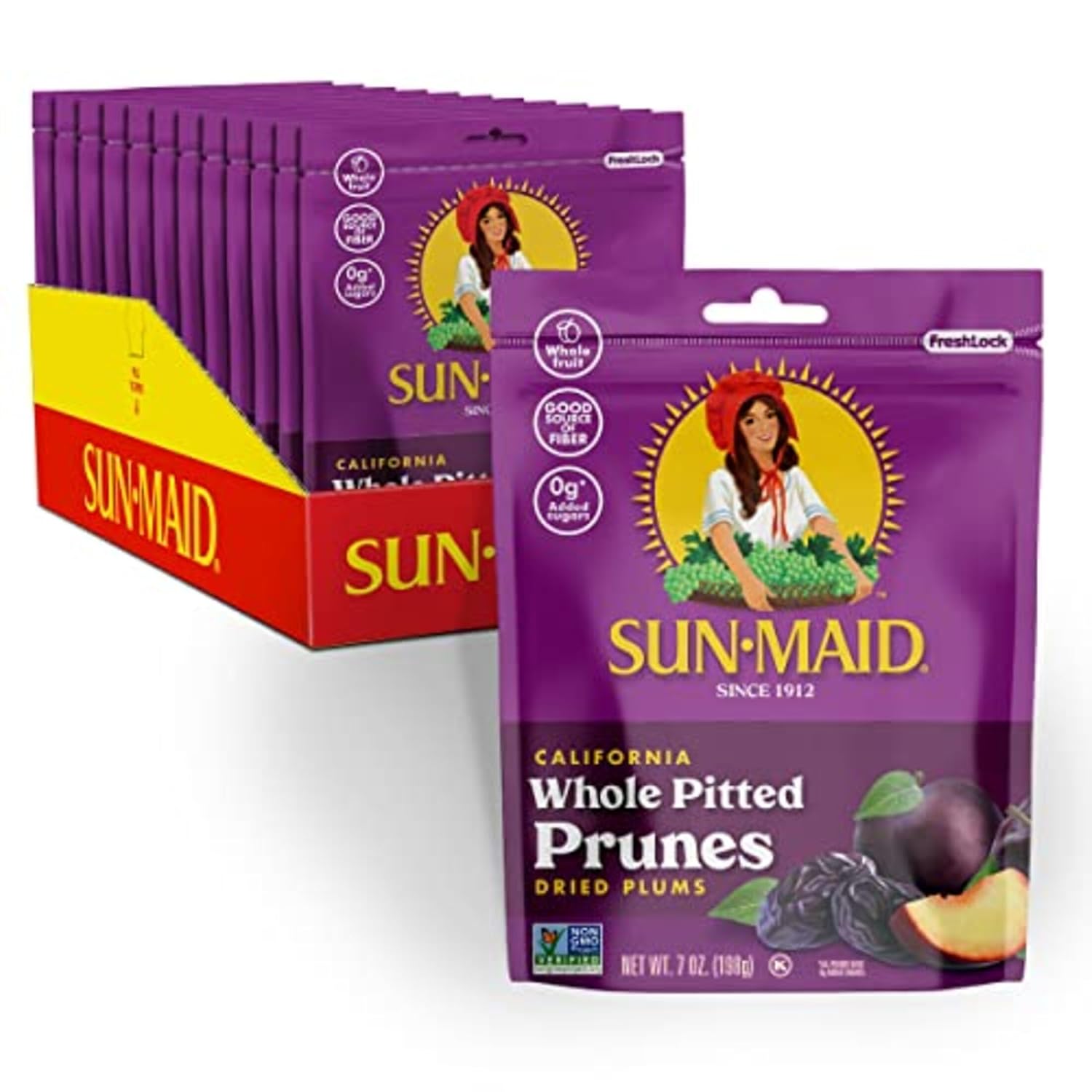 Sun-Maid California Sun-Dried Whole Pitted Prunes - (12 Pack) 7 Oz Resealable Bag - Dried Plums - Dried Fruit Snack For Lunches, Snacks, And Natural Sweeteners