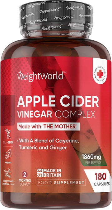 Apple Cider Vinegar Capsules 1860Mg - 2 Months Supply - 180 Capsules - Apple Cider Vinegar With Mother - With A Blend Of Cayenne Pepper, Turmeric & Ginger Root - Non-Gmo & Vegan-Friendly